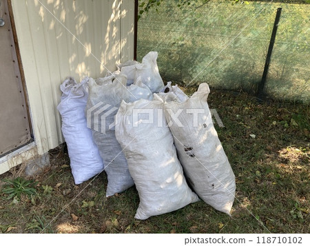 Bags of old cow manure for garden beds 118710102