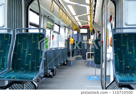 Interior design of a modern bus for passenger transportation in the city. Interior design of a modern bus for passenger transportation in the city. 118710500