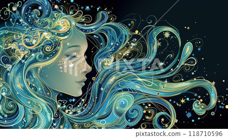 The zodiac sign is Aquarius on an abstract background. Astrology. Illustration. 118710596