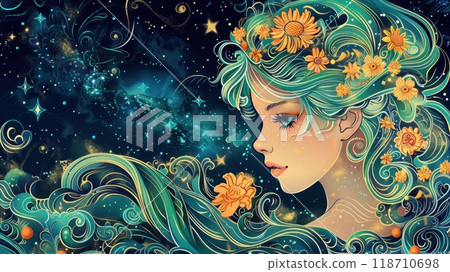 Drawing of a woman's face. The zodiac sign is virgo . Astrology. Illustration. 118710698
