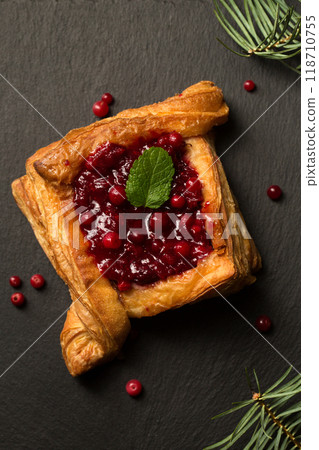 Christmas dessert with lingonberries. Cranberry dessert 118710755