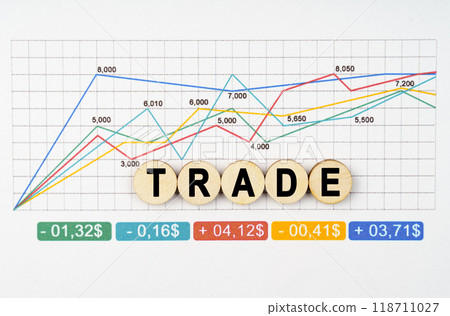 On the financial charts are wooden mugs with the inscription - TRADE On the financial charts are wooden mugs with the inscription - TRADE 118711027