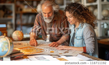A male astrologer advises a girl on an astrological chart 118711192