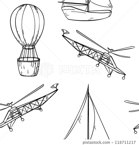 Sailing ship, air balloon, airplane black and white vector graphic seamless pattern. Monochrome boat, aircraft, vessel, aerostat repeating texture hand drawn. Endless line contour transport. Sailing ship, air balloon, airplane black and white vector graphic seamless pattern. Monochrome boat, aircraft, vessel, aerostat repeating texture hand drawn. Endless line contour transport. 118711217