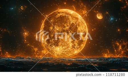 A bright burning sun with solar activity in space. Astrology. Illustration 118711280