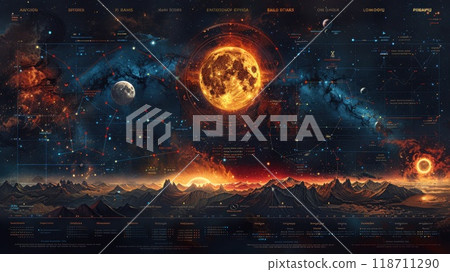 A bright burning sun with solar activity in space. Astrology. Illustration 118711290