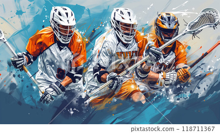 Dynamic Teamwork Among Lacrosse Players in Vibrant Protective Gear Engaged in Action-Packed Match Dynamic Teamwork Among Lacrosse Players in Vibrant Protective Gear Engaged in Action-Packed Match 118711367