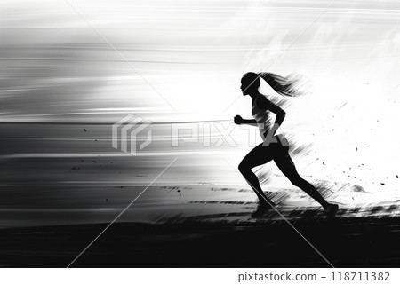 Dynamic Motion of a Woman Running Against a Blurred Backdrop in a Gritty Urban Landscape 118711382
