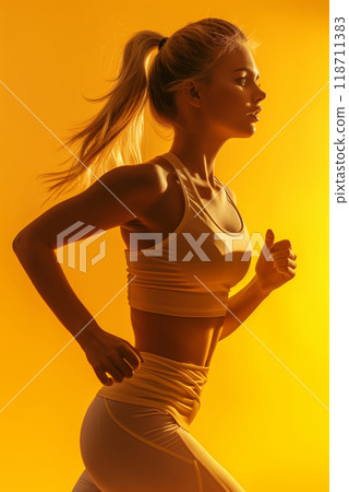 Dynamic Silhouette of a Sporty Woman Running Against a Vibrant Yellow Sunset Background 118711383