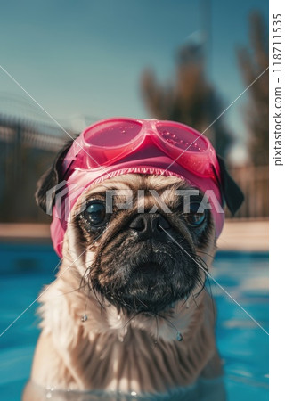 A French bulldog in a swimming cap by the pool. A dog in a swimming cap in the pool 118711535
