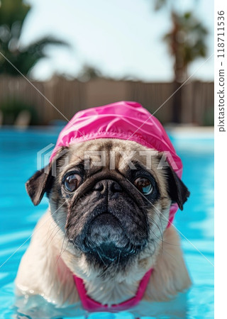 A French bulldog in a swimming cap by the pool. A dog in a swimming cap in the pool 118711536