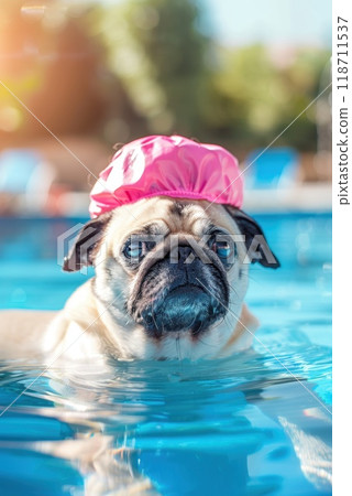 A French bulldog in a swimming cap by the pool. A dog in a swimming cap in the pool A French bulldog in a swimming cap by the pool. A dog in a swimming cap in the pool 118711537