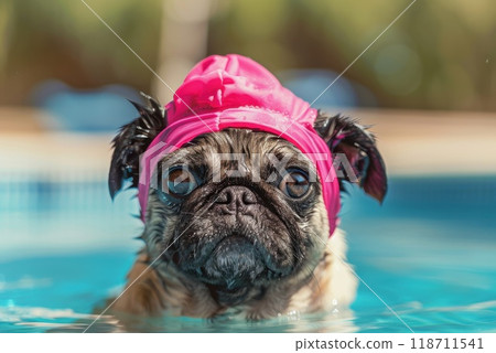 A French bulldog in a swimming cap by the pool. A dog in a swimming cap in the pool 118711541