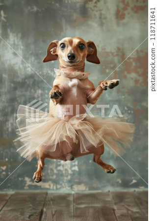 A dog dressed as a ballerina does a jump. Fun dog barerina 118711641