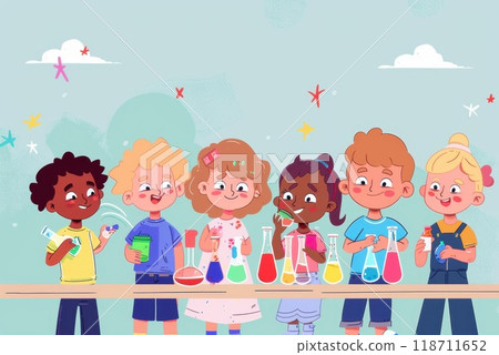 A group of teenage students do a chemistry experiment by making an analysis and mixing liquid in a test tube on a lab experiment. Illustration 118711652