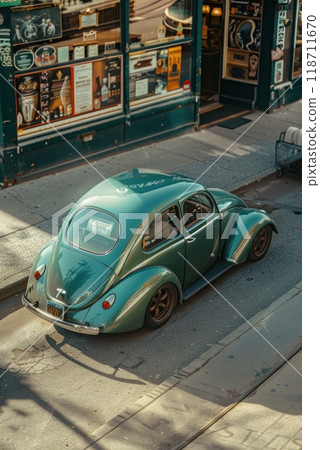 green vintage car parked on the sidewalk outside the store 118711670