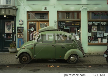 green vintage car parked on the sidewalk outside the store green vintage car parked on the sidewalk outside the store 118711681