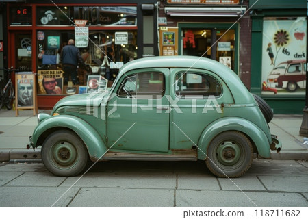 green vintage car parked on the sidewalk outside the store green vintage car parked on the sidewalk outside the store 118711682