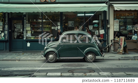 green vintage car parked on the sidewalk outside the store green vintage car parked on the sidewalk outside the store 118711689