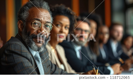 The members of the company's management board, headed by the director, analyze the company's statistics during a meeting in the office. The Board of Directors at a meeting in the office 118712065