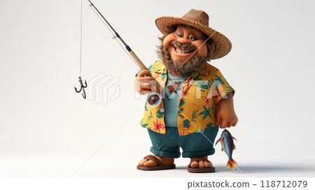 3d illustration of a cartoon fisherman with a fishing rod and a fish on a white background 3d illustration of a cartoon fisherman with a fishing rod and a fish on a white background 118712079