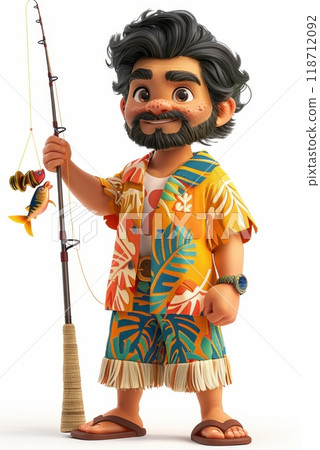 3d illustration of a cartoon fisherman with a fishing rod and a fish on a white background 118712092