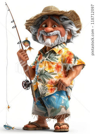3d illustration of a cartoon fisherman with a fishing rod and a fish on a white background 118712097