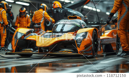The racing team is working on the pit stop. A racing car goes through a pit stop at a competition The racing team is working on the pit stop. A racing car goes through a pit stop at a competition 118712150