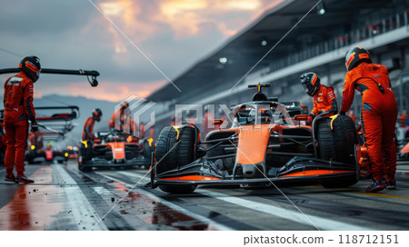 The racing team is working on the pit stop. A racing car goes through a pit stop at a competition 118712151