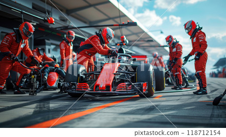 The racing team is working on the pit stop. A racing car goes through a pit stop at a competition The racing team is working on the pit stop. A racing car goes through a pit stop at a competition 118712154