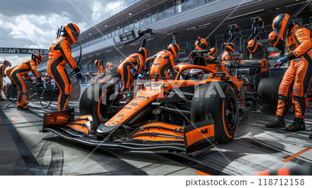 The racing team is working on the pit stop. A racing car goes through a pit stop at a competition 118712158