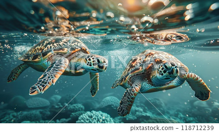 Two sea turtles swim on a coral reef in the ocean. Turtles under water 118712239