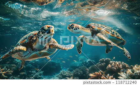 Two sea turtles swim on a coral reef in the ocean. Turtles under water 118712240