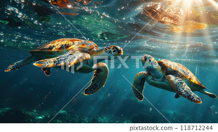 Two sea turtles swim on a coral reef in the ocean. Turtles under water 118712244
