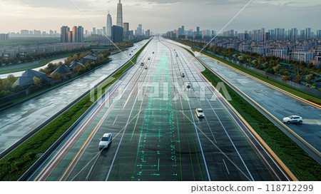 Cars are moving along the highway towards the big city. The concept of transport communication 118712299