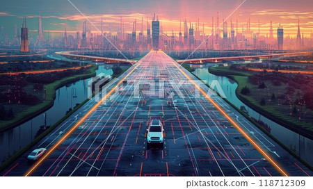 Cars are moving along the highway towards the big city. The concept of transport communication 118712309