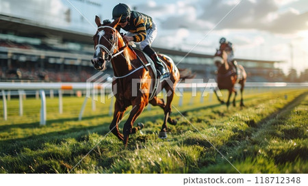 Horse racing is when a jockey on a horse runs along the racetrack to the finish line. A traditional European sport 118712348