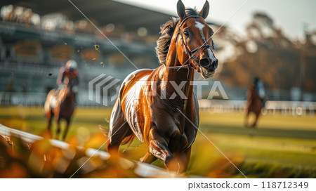 Horse racing, a riderless horse running around the racetrack. A traditional European sport 118712349