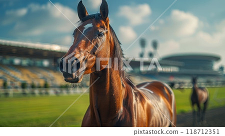 Horse racing, a riderless horse running around the racetrack. A traditional European sport 118712351