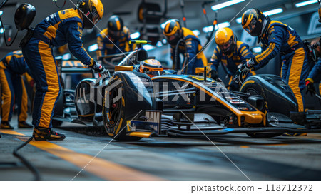 The racing team is working on the pit stop. A racing car goes through a pit stop at a competition The racing team is working on the pit stop. A racing car goes through a pit stop at a competition 118712372