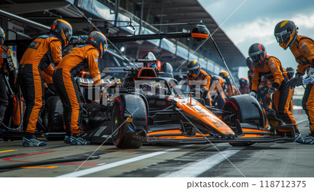 The racing team is working on the pit stop. A racing car goes through a pit stop at a competition 118712375