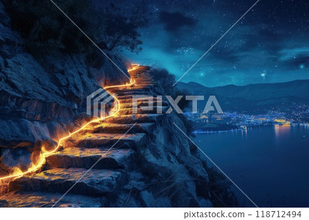 Night mountain landscape. Illuminated path in the mountains 118712494
