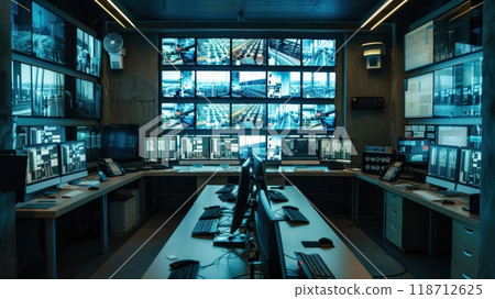 Surveillance and decision center used for tracking. Multiple screens in the street tracking room 118712625