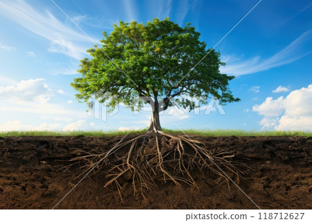 A large green tree with wriggling roots against the sky 118712627