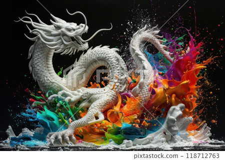 Marble dragon in iridescent paint on black background. 3d illustration Marble dragon in iridescent paint on black background. 3d illustration 118712763