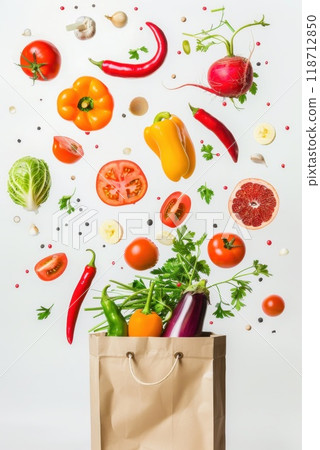 Fresh fruits and vegetables poured into a paper bag on a white insulated background . Organic produce from the farm. Food delivery 118712850
