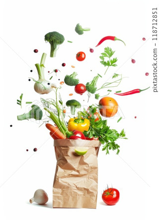 Fresh fruits and vegetables poured into a paper bag on a white insulated background . Organic produce from the farm. Food delivery 118712851