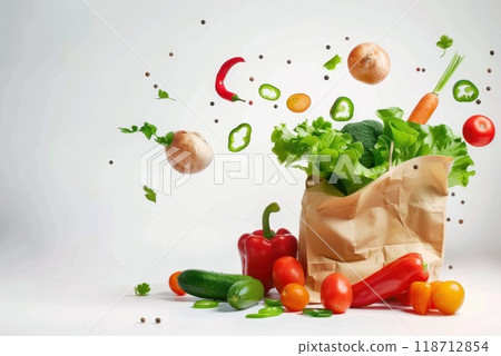 Fresh fruits and vegetables poured into a paper bag on a white insulated background . Organic produce from the farm. Food delivery 118712854