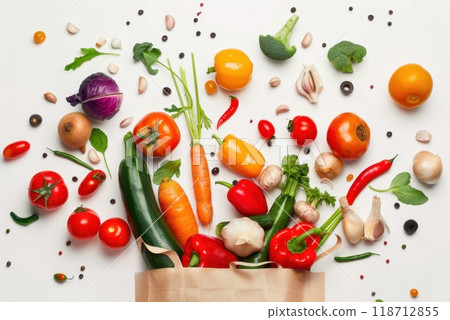 Fresh fruits and vegetables poured into a paper bag on a white insulated background . Organic produce from the farm. Food delivery 118712855