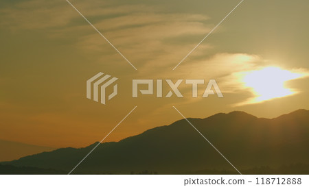 Sunrise Seen From The Mountains. Dramatic Sunrise Colors In Foggy Morning In The Mountains. Real time. 118712888